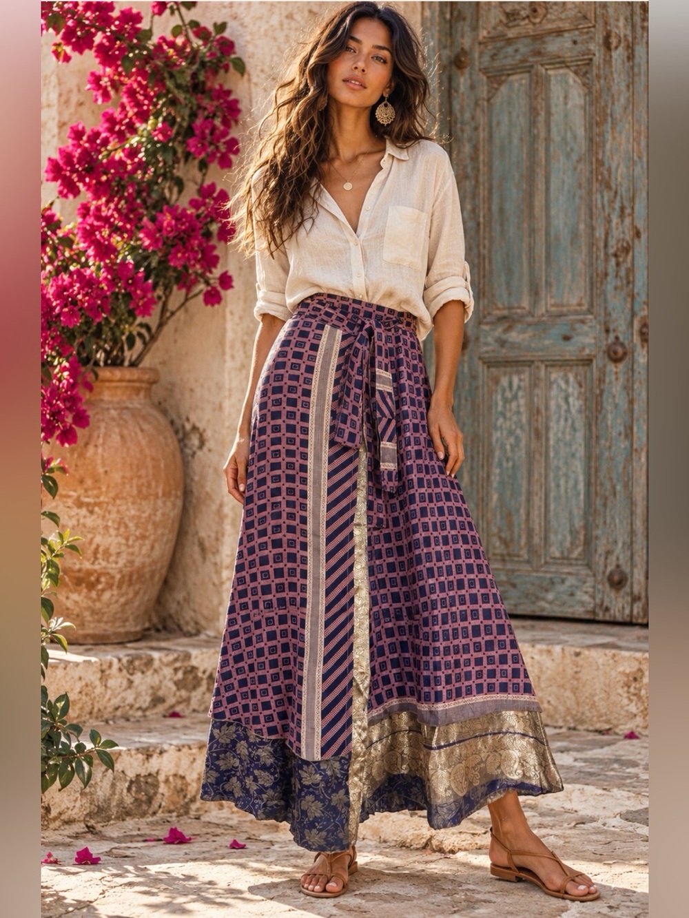 Bohemian Navy and Pink Printed Maxi Skirt
